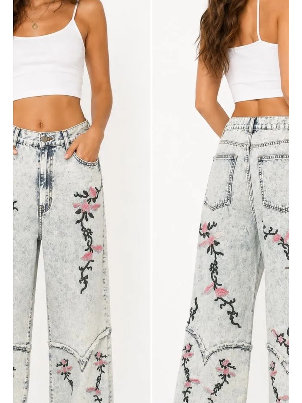 POL Acid-Wash Wide-Leg Jeans with Pink Floral Embroidery